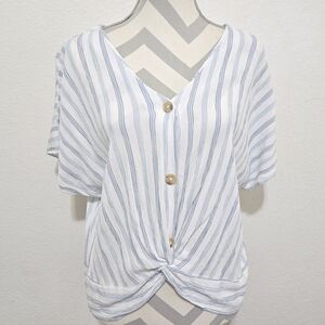 SO Striped Blue and White Top with Front Hem Twist VNeck Button Down Size XL